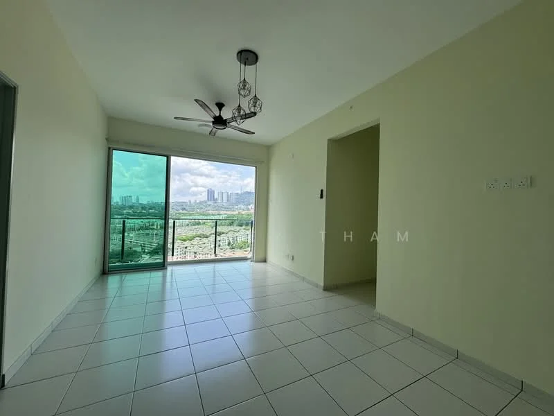 Living features: white painted walls, tile flooring, 5-blade ceiling fan with light, floor-to-ceiling sliding glass door, green balcony railing, city view, natural light from large window, neutral color scheme; style: modern; view: city.