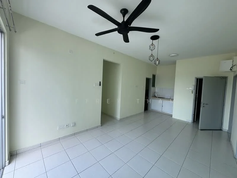 Living features: white painted walls, tile flooring, 5-blade ceiling fan with light, floor-to-ceiling windows, sliding glass door, kitchen area visible, air conditioning unit, neutral color scheme; style: modern.