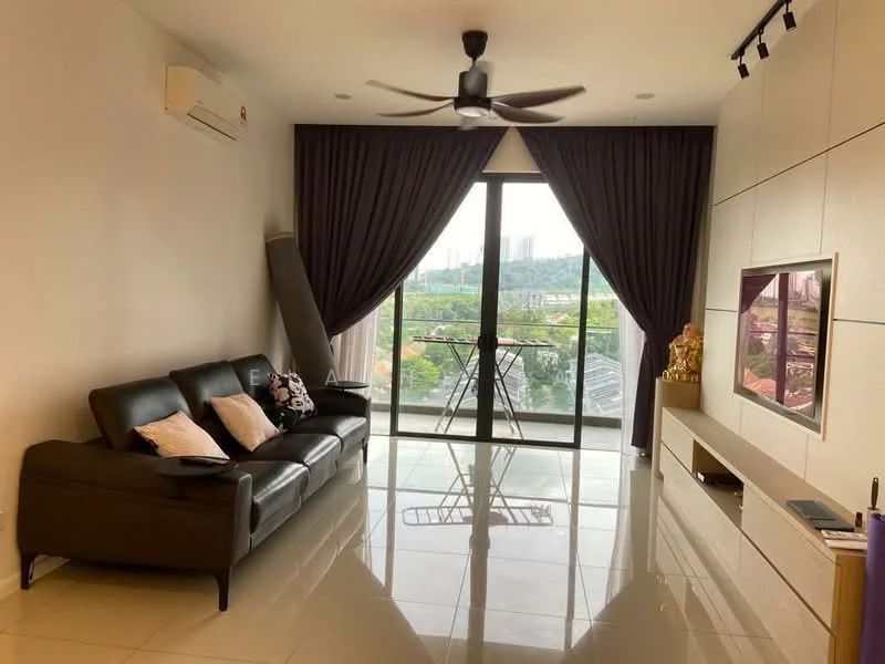 Living features: 3-seater leather sofa in black, 2 decorative pillows, floor-to-ceiling windows, sliding glass door, sheer curtains, blackout curtains, ceiling fan with light, wall-mounted TV, TV console with storage, glossy tile flooring, decorative wall paneling, view of city skyline; style: modern; view: city.