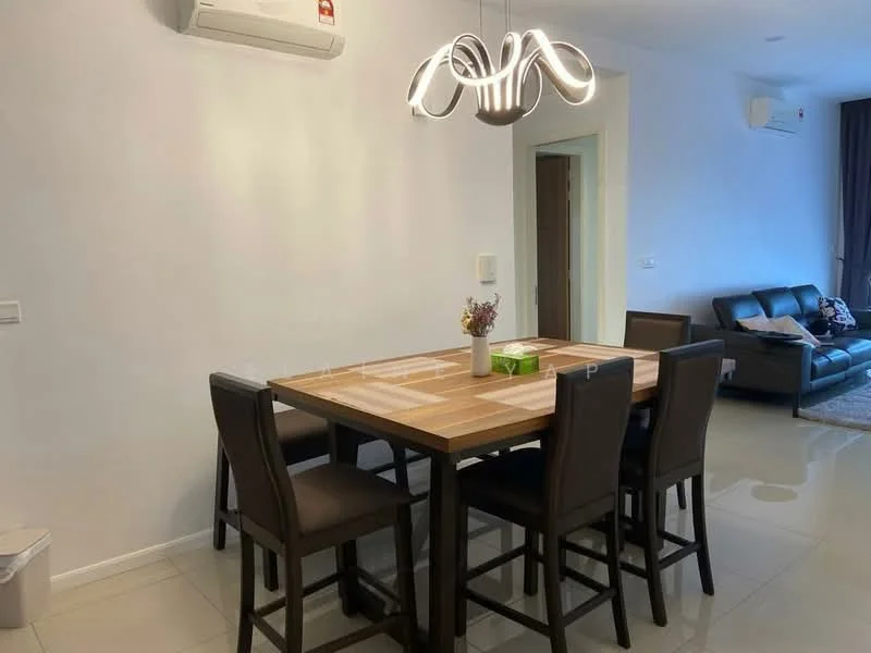 Dining features: wooden dining table with striped pattern, 4 high-back dining chairs in dark brown, pendant light fixture with multiple curves, white painted walls, glossy tile flooring, wall-mounted air conditioning unit, decorative vase with flowers on the table, sliding door leading to another room; style: modern.
