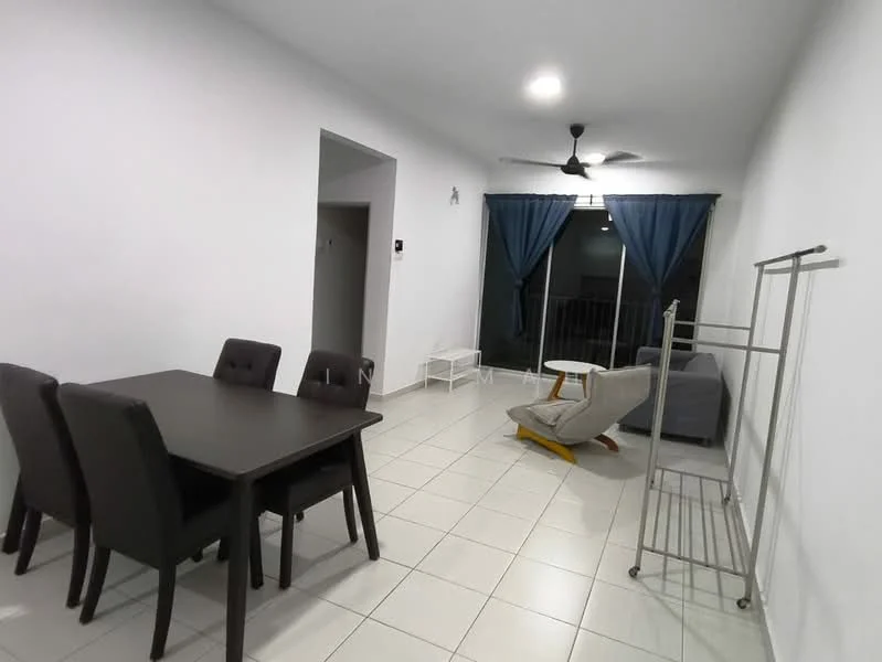 Living features: white painted walls, ceramic tile flooring, 5-blade ceiling fan with light, floor-to-ceiling windows, sliding glass door, blue curtains, grey fabric sofa, wooden coffee table, 4-seater dining table in black, grey armchair, metal clothing rack; style: modern.