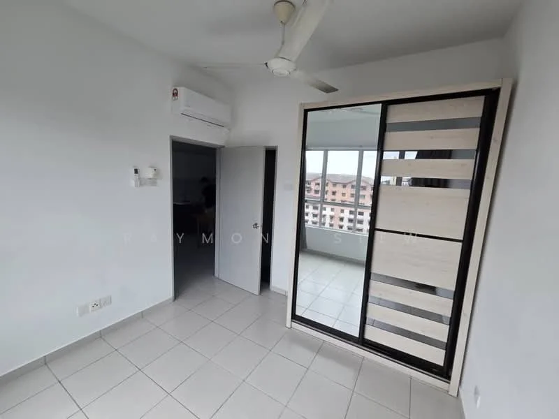 Room features: white painted walls, tile flooring, 5-blade ceiling fan, wall-mounted split AC, sliding glass door, built-in wardrobe with mirrored sliding doors, natural light from windows, neutral color scheme; style: modern; view: city.
