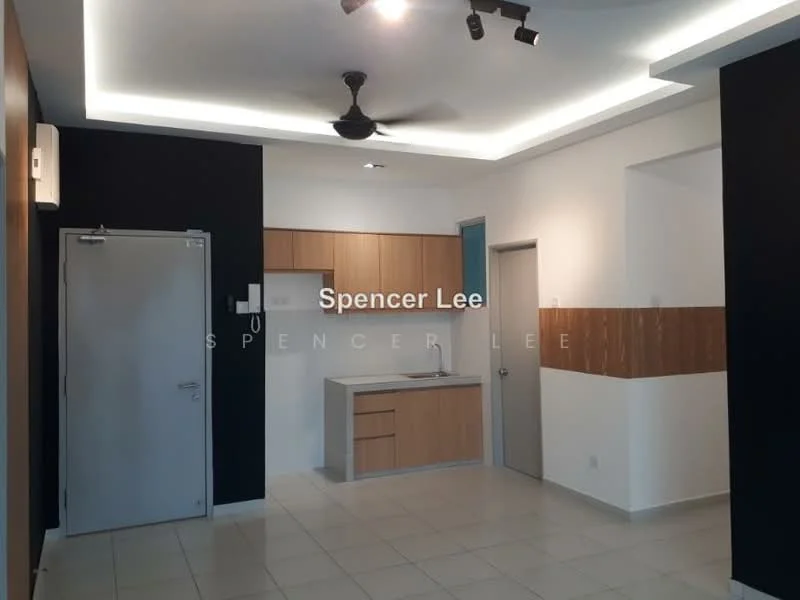 Room features: white painted walls, dark blue accent wall, tile flooring, recessed ceiling lights, 5-blade ceiling fan, kitchen cabinetry in light wood, countertop in light color, single-bowl stainless-steel sink, built-in kitchen cabinet, door to hallway, door to bathroom, air conditioning unit; style: modern.