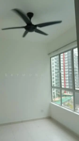 Room features: white painted walls, light-colored flooring, 5-blade ceiling fan, floor-to-ceiling windows, city view; view: city.