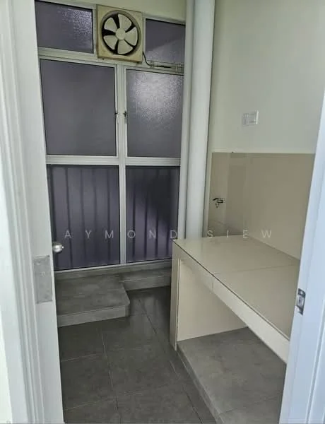 Laundry features: grey tiled flooring, white walls, built-in countertop, single-basin sink, window with frosted glass, wall-mounted fan, steps leading to a lower area; style: modern.