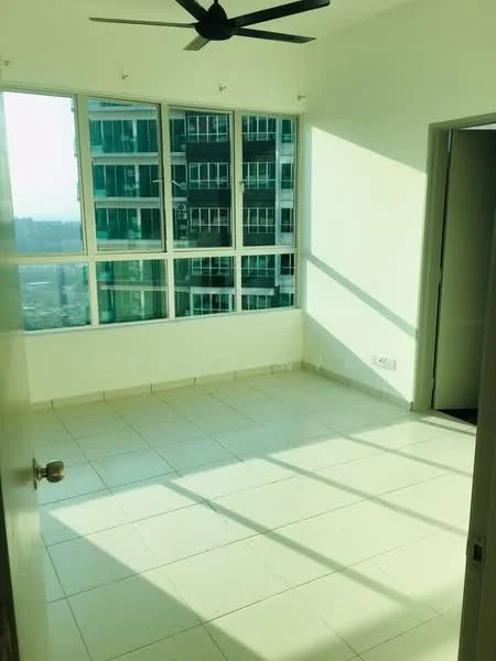 Room features: floor-to-ceiling windows, white painted walls, tile flooring, ceiling fan, natural light from windows, city view, corner room, light-colored trim; style: modern; view: city.