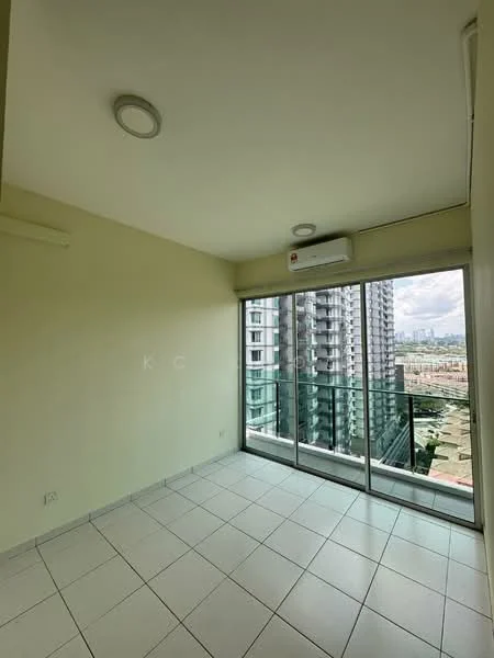Room features: white painted walls, tile flooring, floor-to-ceiling windows, glass balcony railing, 1 wall-mounted split AC, natural light from large window, neutral color scheme, city view from window; style: modern; view: city.