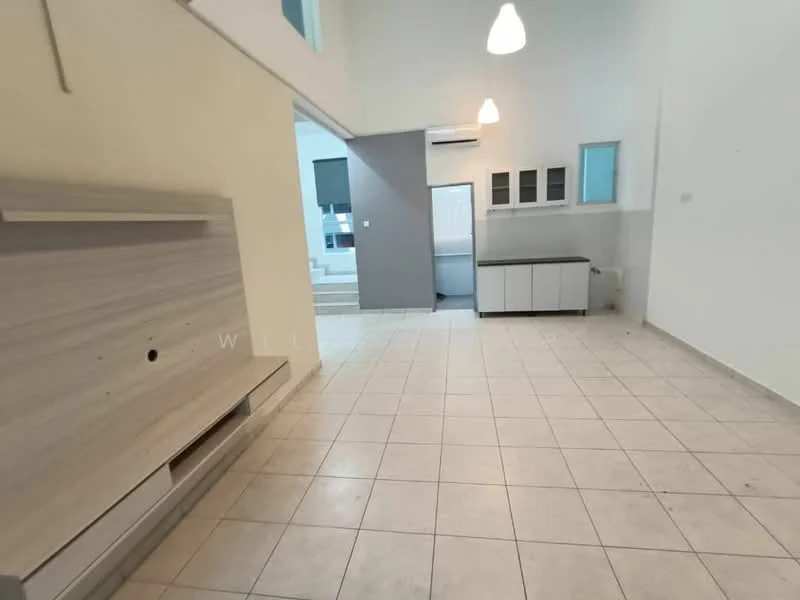 Living features: white painted walls, tile flooring, recessed downlights, wall-mounted TV console, large windows, open layout, air conditioning unit, neutral color scheme; style: modern. Kitchen features: white cabinetry, countertop, sink, open layout, access to living area; style: modern.
