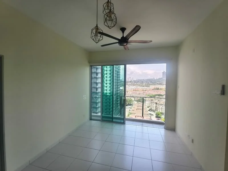 Living features: white painted walls, tile flooring, floor-to-ceiling windows, sliding glass door, 5-blade ceiling fan, hanging pendant lights, balcony view of city skyline; style: modern; view: city.