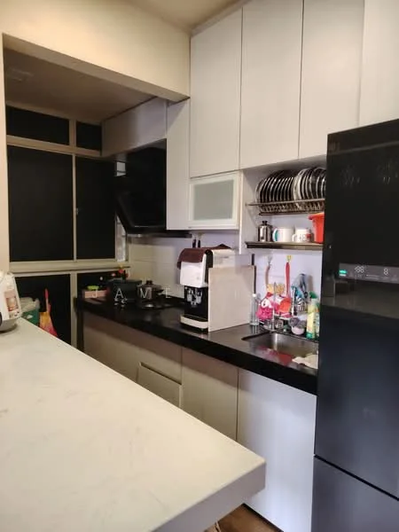 Kitchen features: black granite countertop, white cabinetry with flat-panel doors, stainless-steel sink, chrome pull-down faucet, built-in oven, freestanding refrigerator, dish rack, kitchen utensils, open shelving, wall-mounted cabinets, tile backsplash, wooden flooring, window with black frame; style: modern.
