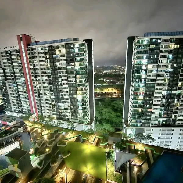 Exterior type: high-rise condominium; features: glass curtain wall, recessed balconies, landscaped garden, manicured lawn, outdoor seating areas, illuminated pathways, water features, children's playground, jogging track, surrounded by greenery; style: modern.