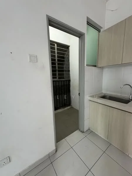 Kitchen features: white tiled walls, light wood cabinetry, stainless-steel sink, chrome faucet, ceramic tile flooring, window with metal grille, door leading to balcony; style: modern. Room features: window with metal grille, grey tiled flooring.