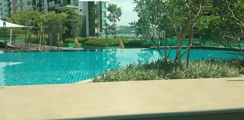 Exterior type: swimming pool deck; features: infinity pool, tiled pool surface, surrounding landscaped garden, manicured lawn, tropical landscaping, palm trees, pool deck with loungers, greenery along the pool edge; style: modern.