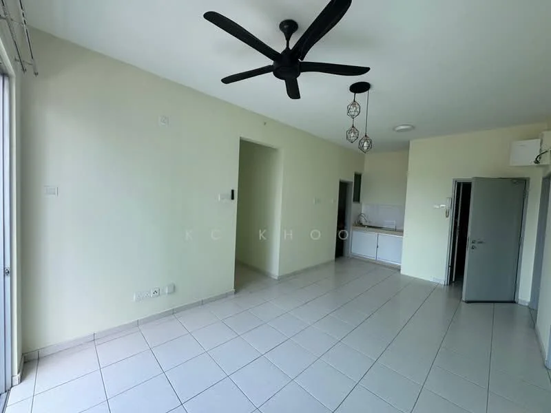 Living features: white painted walls, tile flooring, 5-blade ceiling fan, recessed downlights, sliding glass door, floor-to-ceiling windows, open layout, kitchen area visible in background.