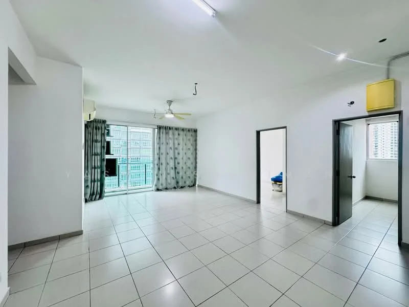 Living features: white painted walls, tile flooring, 5-blade ceiling fan, floor-to-ceiling windows, sliding glass door, sheer curtains, recessed downlights, grey patterned curtains, open layout, natural light, neutral color scheme; style: modern; view: city. Room features: white painted walls, tile flooring, doorway to another room.