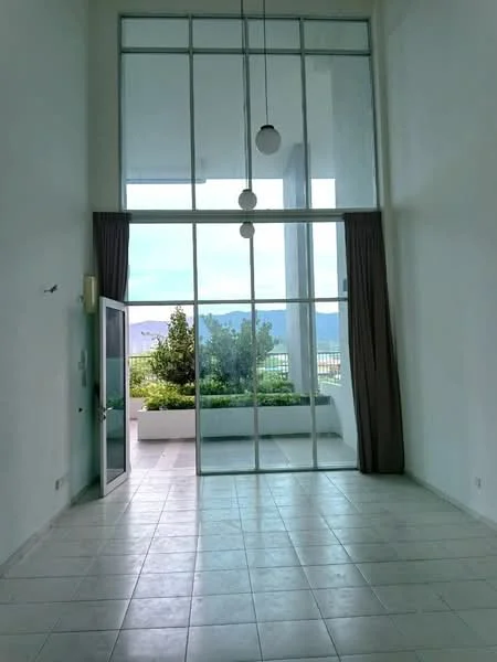 Living features: floor-to-ceiling windows, white painted walls, tiled flooring, hanging pendant lights, curtains, view of greenery, view of mountains, high ceiling; style: modern; view: garden.