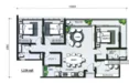 Floor plan: 3-bedroom 2-bathroom unit; features: open-plan kitchen-dining-living, master bedroom with ensuite bathroom, bedroom 2 with shared bathroom, utility room, central foyer, balcony off living room, 2 car porch, 1,200 sqft built-up.