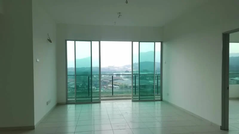 Room features: large floor-to-ceiling windows, sliding glass door, white painted walls, tile flooring, balcony access, mountain view, natural light, minimalist design; style: modern; view: mountain.
