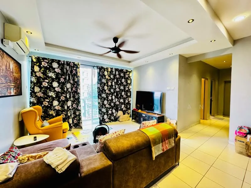 Living features: 3-seater fabric sofa in brown, yellow armchair, coffee table, wall-mounted TV, ceiling fan with light, floor-to-ceiling windows, blackout curtains with floral pattern, tile flooring, decorative artwork on wall, area rug, light-colored walls, recessed lighting; style: modern; view: city. Room features: hallway leading to other rooms, light-colored walls, tile flooring.