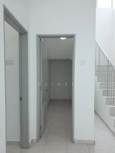 Room features: white painted walls, tile flooring, grey door frames, staircase visible in background, ceiling light fixture, door leading to another room, door leading to a bathroom, neutral color scheme; style: modern.