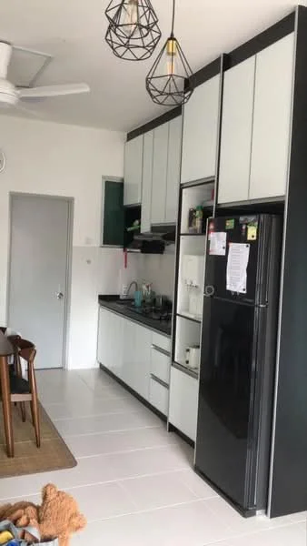 Kitchen features: black and white cabinetry, black countertop, stainless-steel fridge, built-in gas stove, black sink, chrome faucet, two pendant lights, white tiled flooring, wall-mounted ceiling fan, open shelving, microwave, kitchen utensils visible; style: modern.