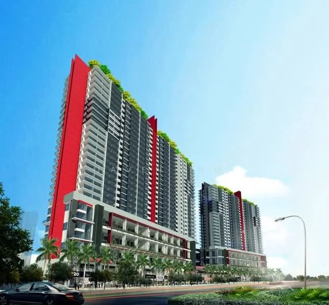 Exterior type: high-rise condominium; features: red and grey facade, glass curtain wall, recessed balconies, greenery on balconies, multiple storeys, commercial space at ground level, surrounded by palm trees, urban context with main road, modern architectural design; style: modern.