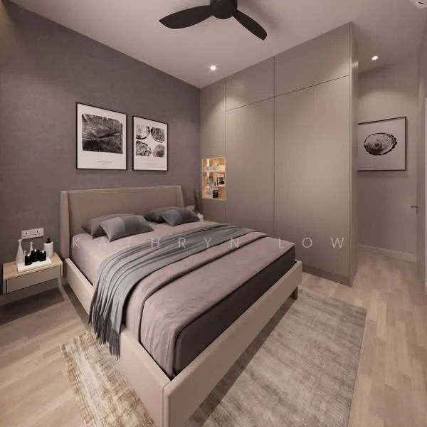 Bedroom features: king-size bed with upholstered headboard, grey bedding with throw blanket, 2 bedside tables with lamps, framed artwork on walls, built-in wardrobe with sliding doors, wooden flooring, ceiling fan, area rug with geometric pattern, wall-mounted light fixtures, neutral wall colour with accent wall; style: modern.