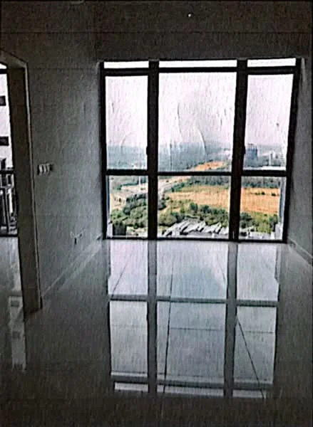 Room features: floor-to-ceiling windows, grey painted walls, polished tile flooring, city view, open space, natural light, minimalist design; style: modern; view: city.