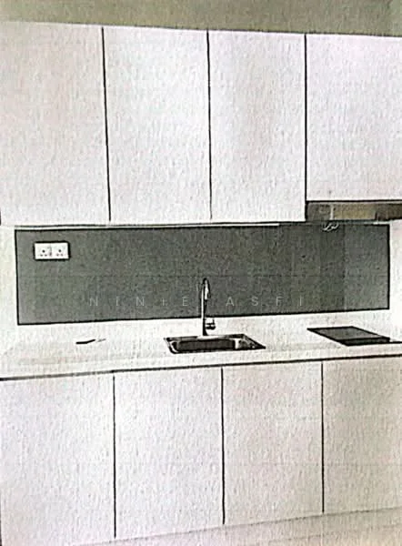 Kitchen features: white cabinetry, stainless-steel sink, chrome pull-down faucet, white countertop, grey backsplash, built-in stove, wall-mounted range hood, under-cabinet lighting; style: modern.