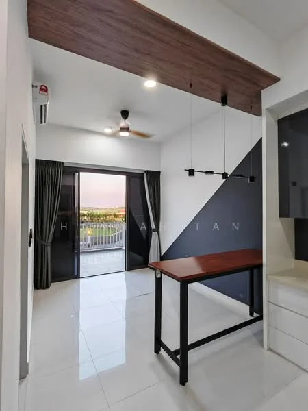 Room features: white painted walls, grey accent wall, polished tile flooring, 5-blade ceiling fan with light, recessed downlights, sliding glass door, floor-to-ceiling windows, black pendant light, wooden table with black legs, curtains, balcony view; style: modern; view: city.