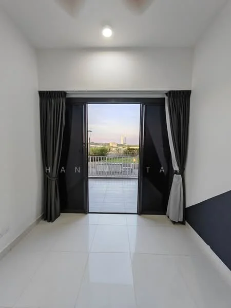 Room features: white painted walls, grey accent wall, sliding glass door, floor-to-ceiling windows, curtains in dark grey, tile flooring, recessed downlights, ceiling fan; style: modern; view: city.