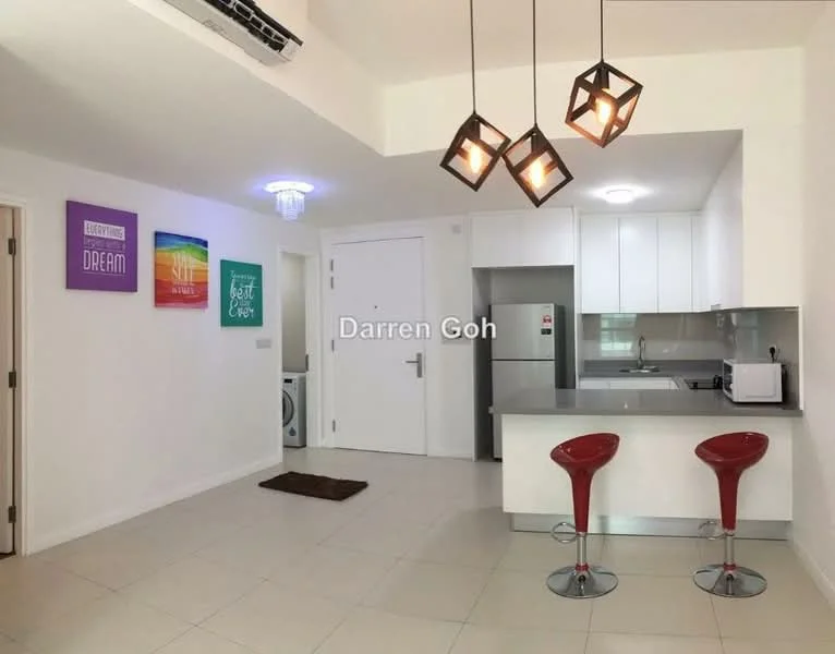 Living features: white painted walls, tile flooring, recessed downlights, pendant lighting with geometric design, open layout, kitchenette with white cabinetry, grey countertop, red bar stools, microwave, washing machine, decorative wall art; style: modern.