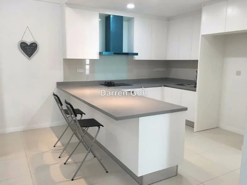 Kitchen features: white cabinetry, grey countertop, stainless-steel sink, chrome pull-down faucet, built-in oven, 4-burner gas hob, glass splashback, tile flooring, recessed downlights, bar stools, open layout; style: modern.
