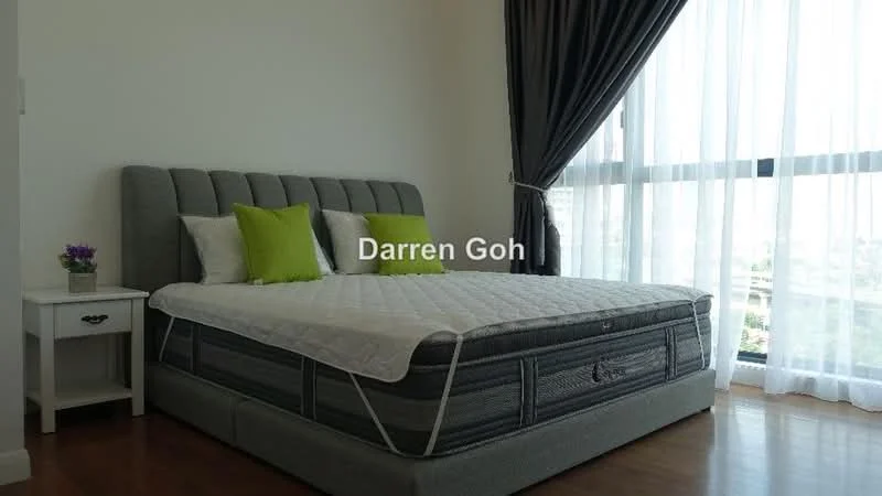 Bedroom features: king-size bed with upholstered headboard, grey fabric bed frame, white bedding, green accent pillows, nightstand with drawer, table lamp on nightstand, floor-to-ceiling windows, sheer curtains, wooden flooring, decorative plant on nightstand; style: modern; view: city.