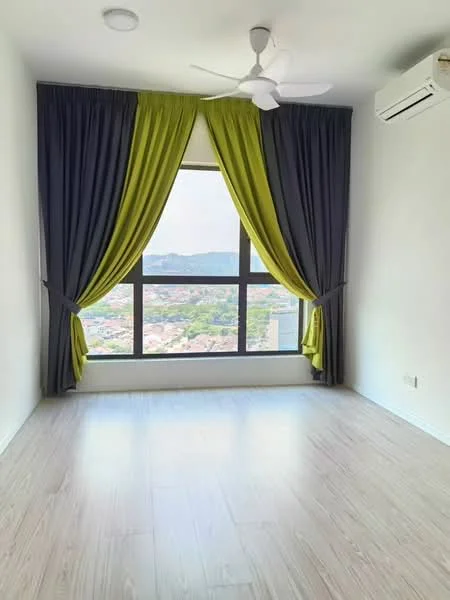 Room features: light wood flooring, white painted walls, floor-to-ceiling window, grey and green curtains, ceiling fan, wall-mounted split AC; style: modern; view: city.