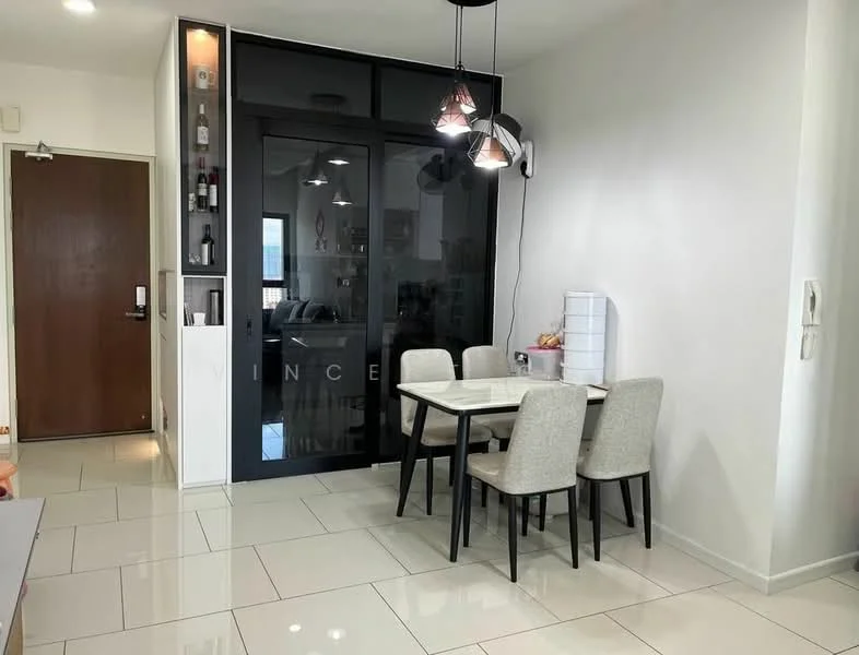 Dining features: square dining table, 4 upholstered dining chairs, white walls, glossy tile flooring, pendant lighting with multiple bulbs, black glass partition, built-in shelving unit, decorative fruit bowl; style: modern.
