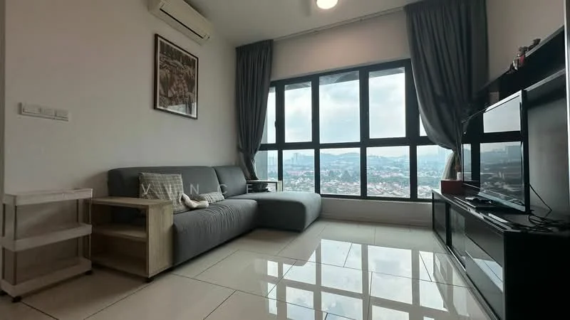Living features: grey fabric sectional sofa, wooden side table, black TV console, wall-mounted TV, large floor-to-ceiling windows, curtains, air conditioning unit, polished tile flooring, decorative artwork on wall, city skyline view; style: modern; view: city.