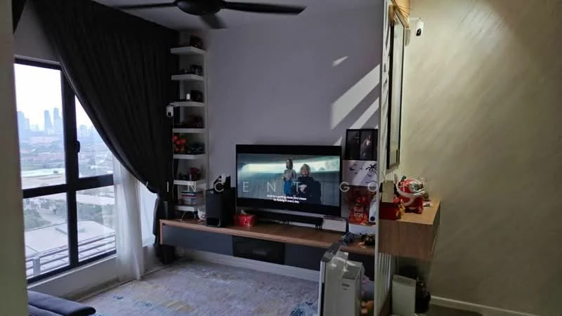 Living features: floor-to-ceiling windows, blackout curtains, 3-blade ceiling fan, wall-mounted TV, TV console with storage, decorative shelving unit, area rug with geometric pattern, light-colored walls, wooden flooring, decorative items on shelves; style: modern; view: city.