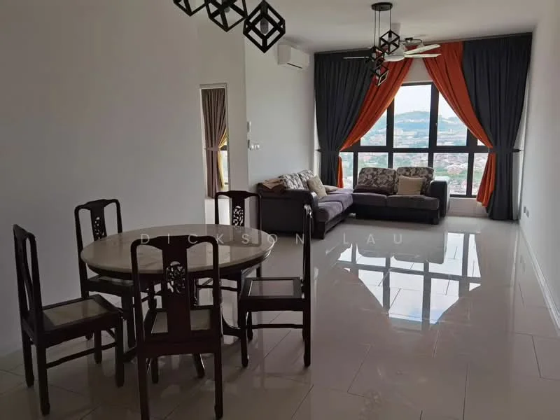 Living features: floor-to-ceiling windows, grey curtains, orange drapes, 3-seater fabric sofa in grey, 2-seater sofa with floral pattern, round dining table, 6 dining chairs, polished tile flooring, ceiling fan, wall-mounted air conditioning unit, decorative light fixtures; style: modern; view: city.