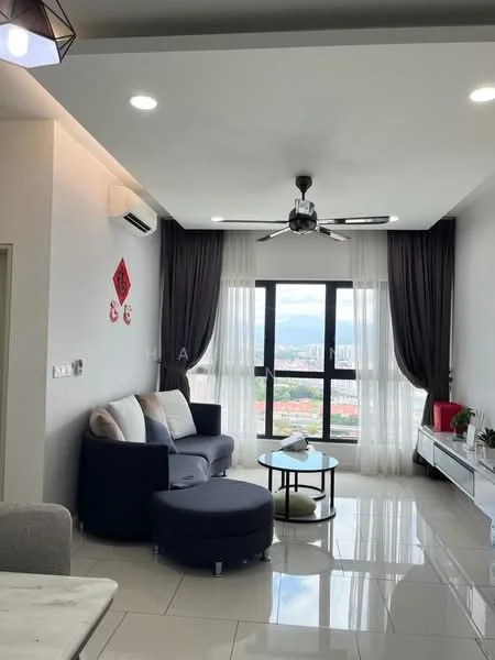 Living features: 3-seater fabric sofa in grey, round ottoman in navy blue, white coffee table, TV console, wall-mounted TV, floor-to-ceiling windows, sheer curtains, blackout curtains, 5-blade ceiling fan with light, recessed LED downlights, glossy tile flooring, decorative wall art, air conditioning unit; style: modern; view: city.