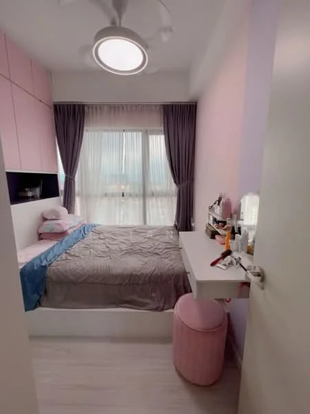 Bedroom features: queen-size bed with grey bedding, pink accent wall, white built-in wardrobe, floor-to-ceiling windows with sheer curtains, recessed ceiling light, ceiling fan, vanity table with mirror, pink stool, light wood flooring; style: modern; view: city.