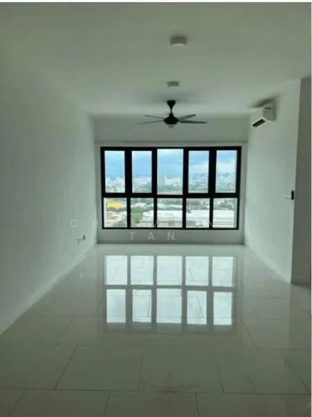 Living features: white painted walls, polished ceramic tile flooring, 5-blade ceiling fan with light, floor-to-ceiling windows, city view, wall-mounted split AC; style: modern; view: city.
