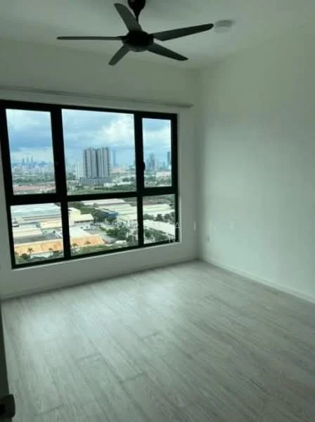 Room features: large floor-to-ceiling windows, grey laminate flooring, white painted walls, ceiling fan, city skyline view; style: modern; view: city.