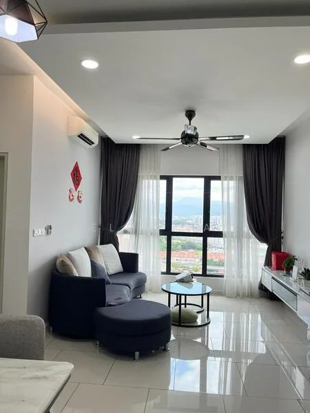 Living features: 3-seater fabric sofa in dark blue, round coffee table, floor-to-ceiling windows, city view, 5-blade ceiling fan with light, white walls, grey curtains, polished tile flooring, wall-mounted TV console, decorative wall art; style: modern; view: city.