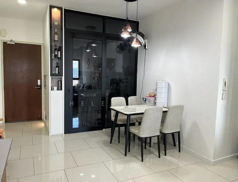 Dining features: 4-seater dining table, upholstered dining chairs in light grey, white walls, glossy tile flooring, pendant lighting with three bulbs, glass partition wall, built-in shelving unit, decorative items on shelves; style: modern.