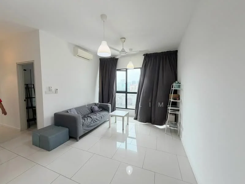 Living features: white painted walls, glossy white tile flooring, 2 ceiling pendant lights, 5-blade ceiling fan, floor-to-ceiling windows, grey fabric sofa, white coffee table, grey ottoman, black curtains, metal shelving unit; style: modern; view: city.