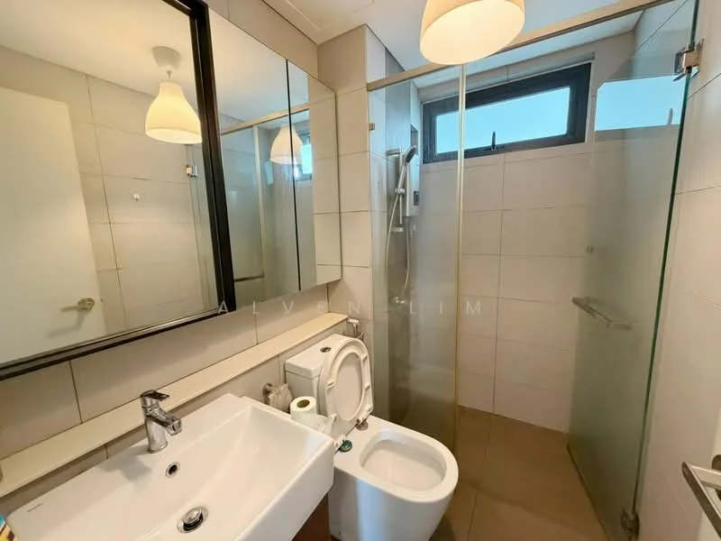 Bathroom features: glass shower enclosure, rain shower head, handheld shower, single-sink vanity with white countertop, chrome basin mixer faucet, toilet, framed mirror, light fixture, tile flooring, wall-mounted storage, neutral wall tiles, window for natural light; style: modern.