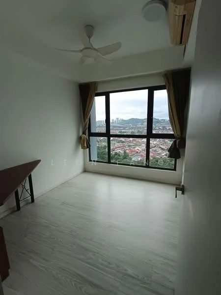 Bedroom features: white painted walls, light wood laminate flooring, 5-blade ceiling fan, floor-to-ceiling windows, curtains, desk, city view; style: modern; view: city.