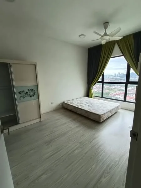 Bedroom features: light wood flooring, white painted walls, floor-to-ceiling windows, green curtains, ceiling fan, unmade bed with mattress, built-in wardrobe with sliding doors, city skyline view; style: modern; view: city.
