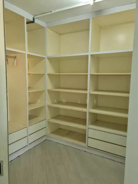 Room features: built-in shelving units, white painted walls, light wood laminate flooring, drawers at the bottom, open shelving, corner layout, no visible lighting fixtures; style: minimalist.